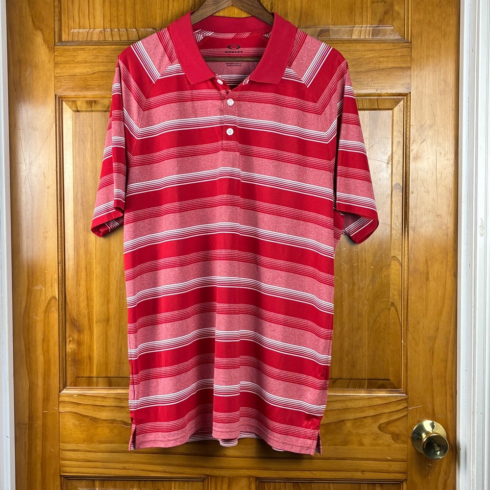 Oakley Mens XL Red White Striped Regular Fit Short Sleeve Golf Polo Shirt